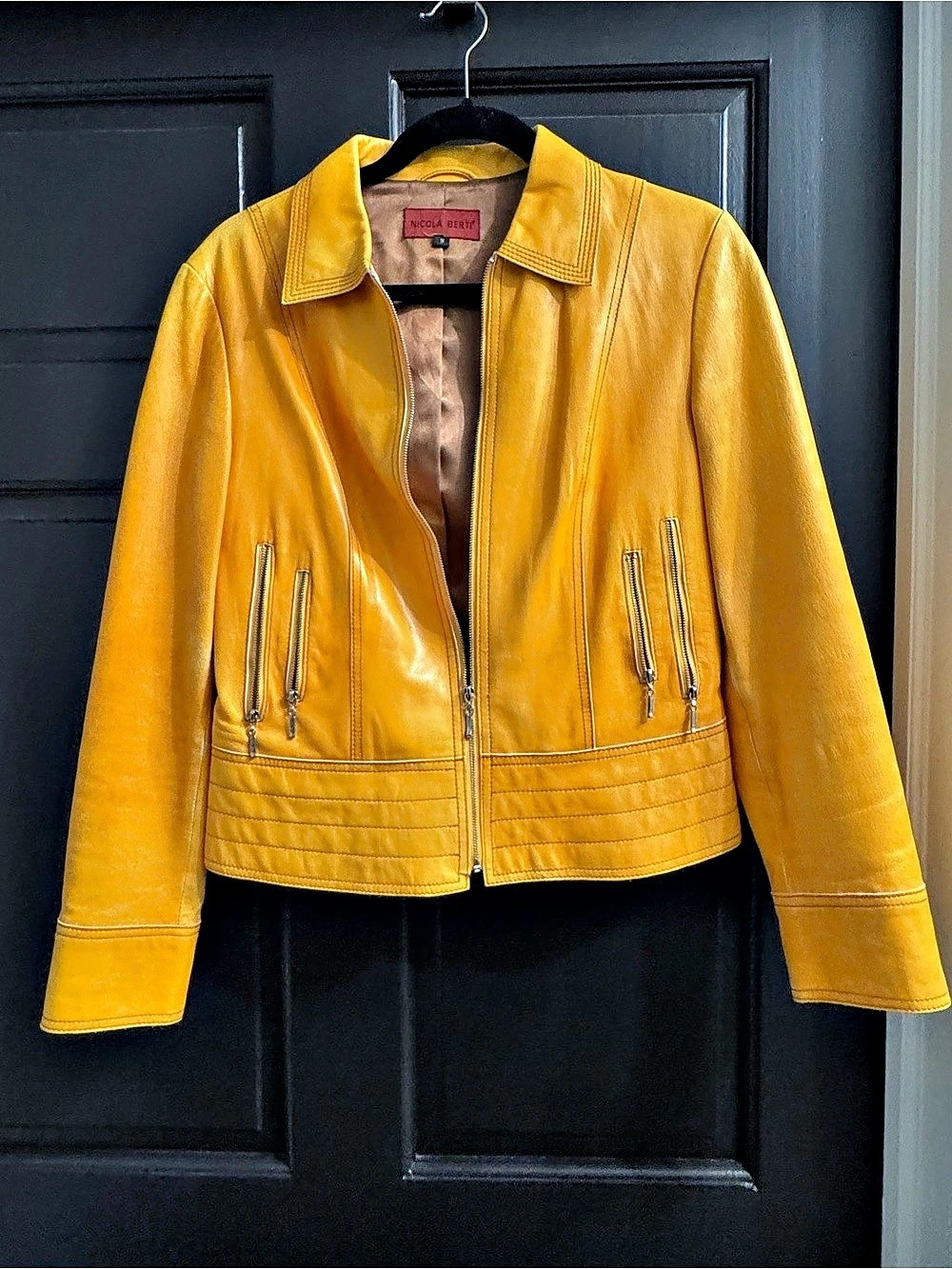 Nicola Bertí Leather Moto Jacket Yellow Small